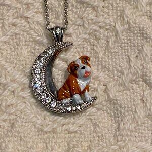 Bulldog And Crystal Moon Pendant Necklace